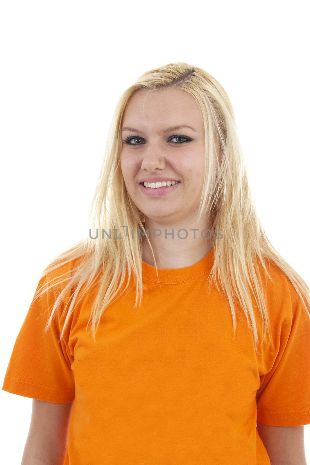 portrait of Dutch soccer fan in orange outfit over white background