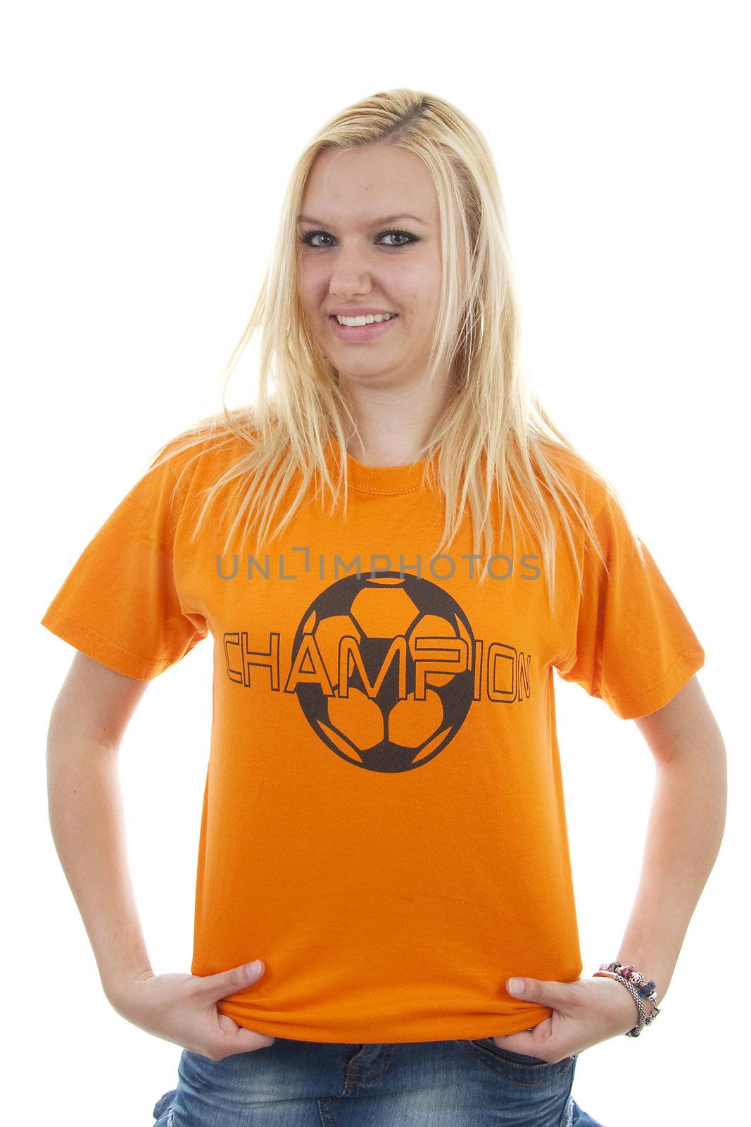 portrait of Dutch soccer fan in orange outfit over white background
