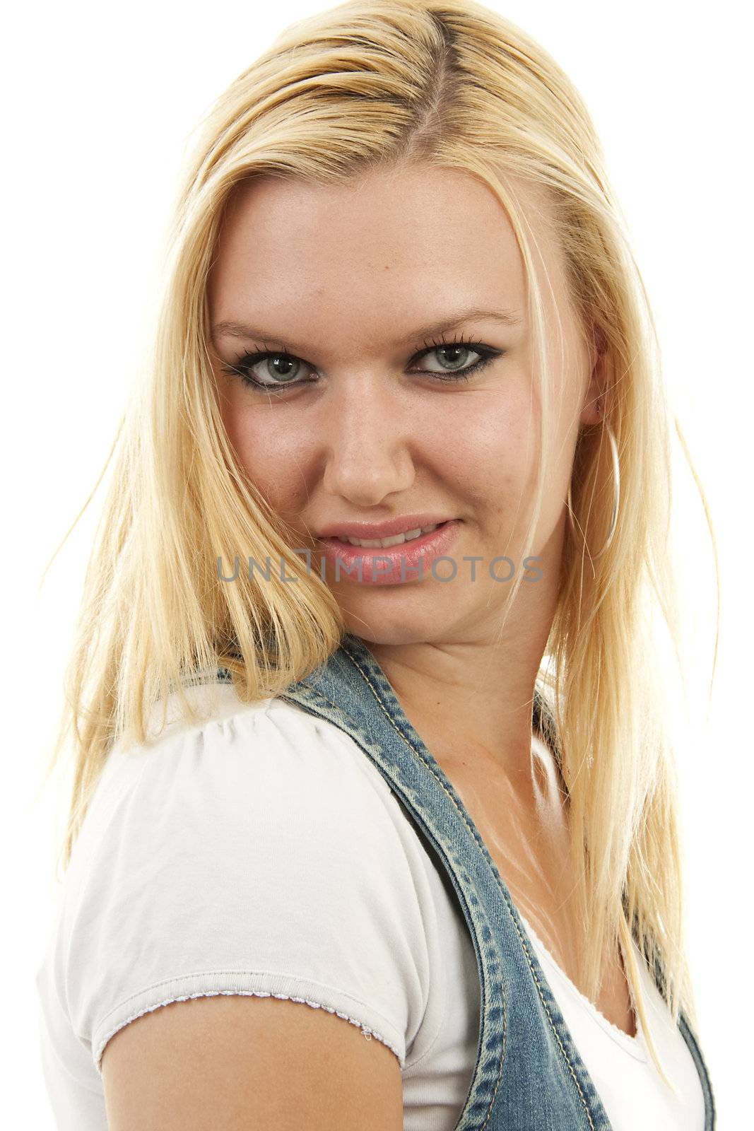 Portrait of young blonde woman over white background