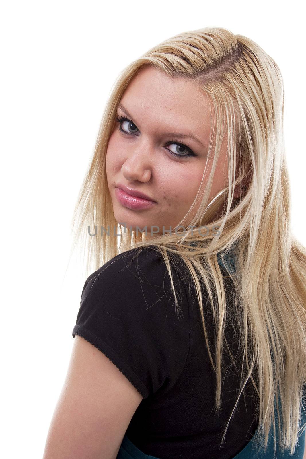 Portrait of young blonde woman over white background