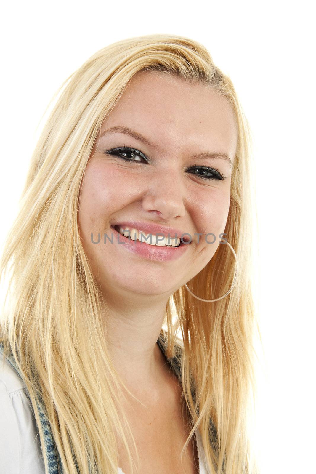 Portrait of young blonde woman over white background