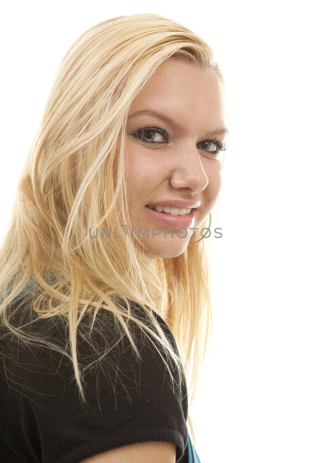 Portrait of young blonde woman over white background