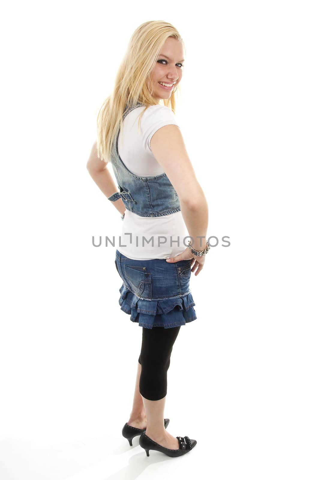 beautiful young woman posing over white background