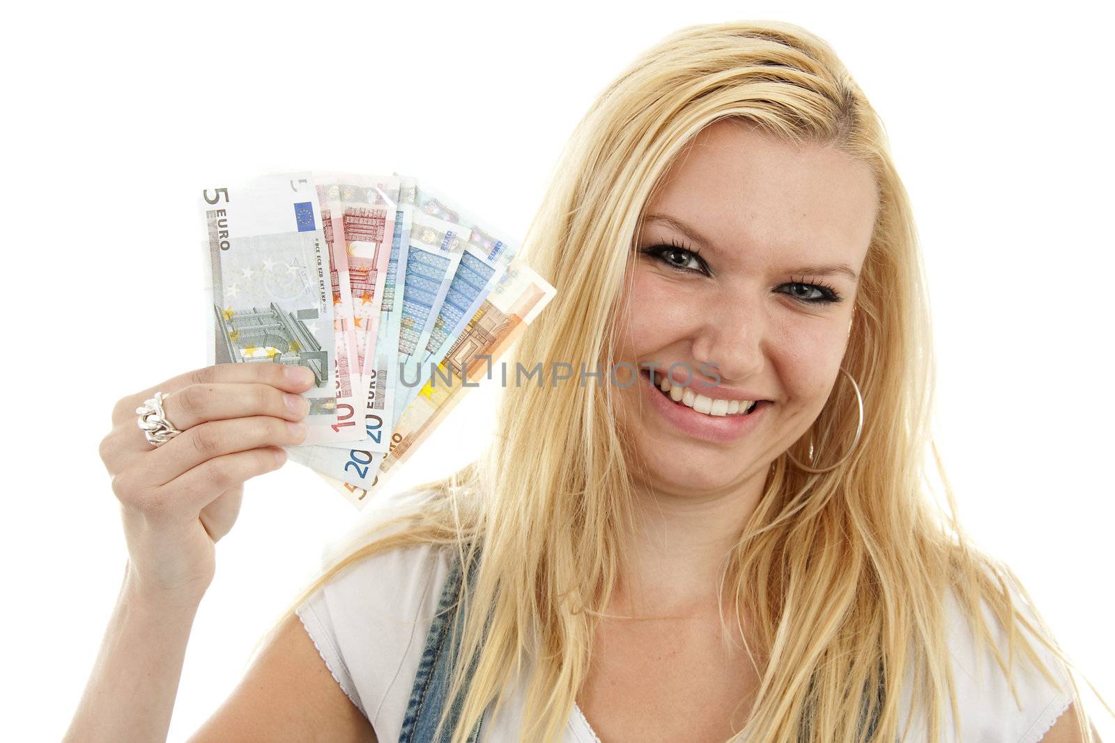 Young woman is holding euro money isolated on white background