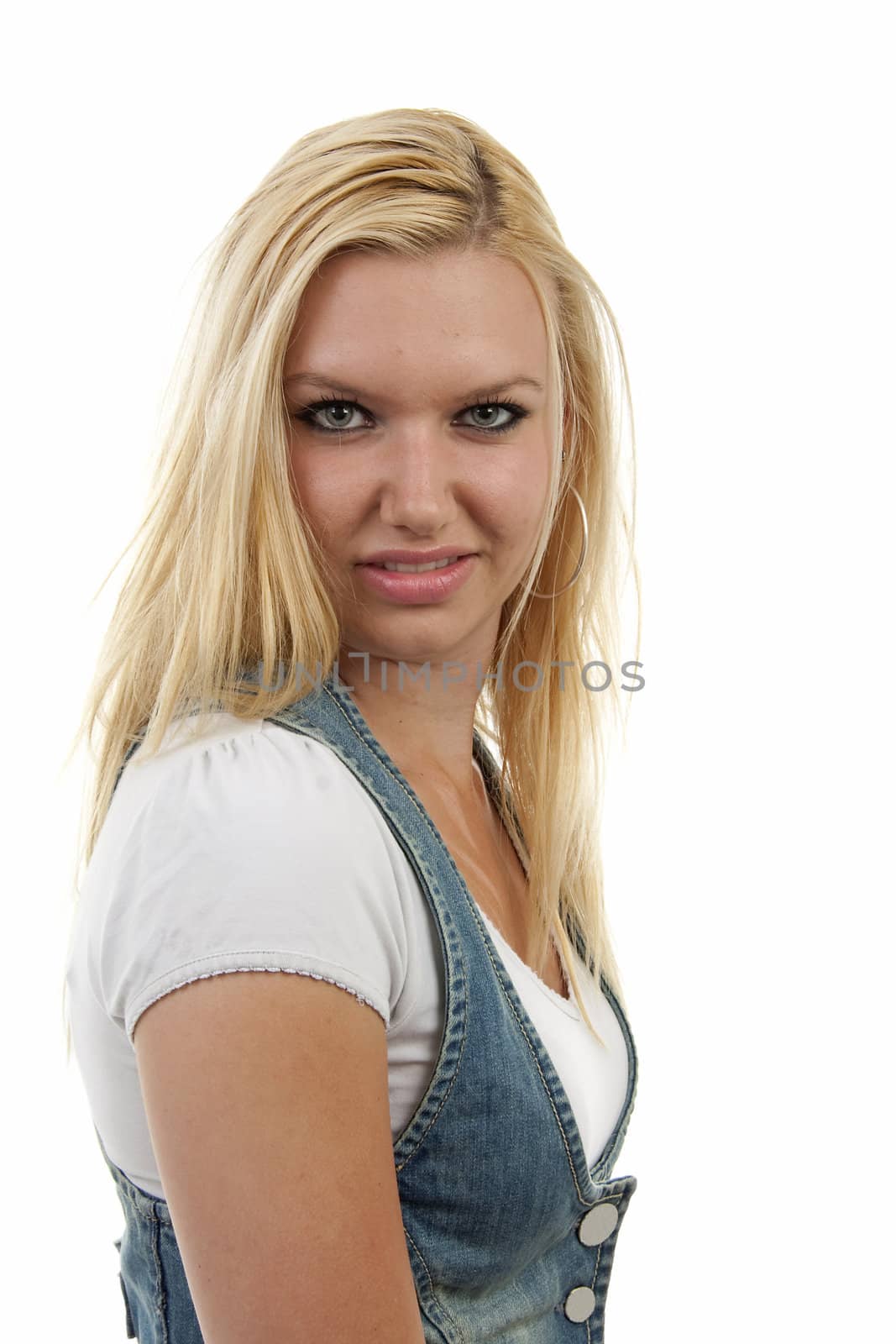 portrait of young blonde woman in closeup over white background
