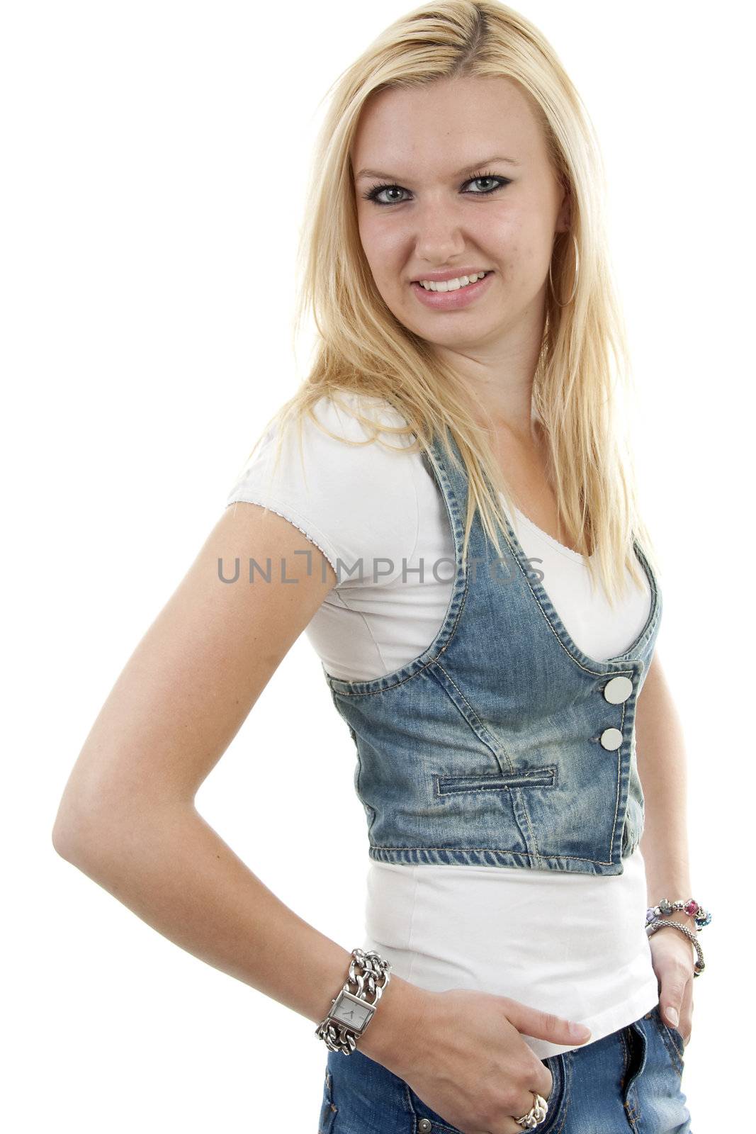 young blonde woman over white background