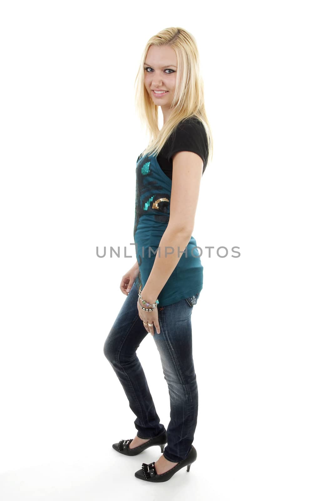 beautiful young woman posing over white background