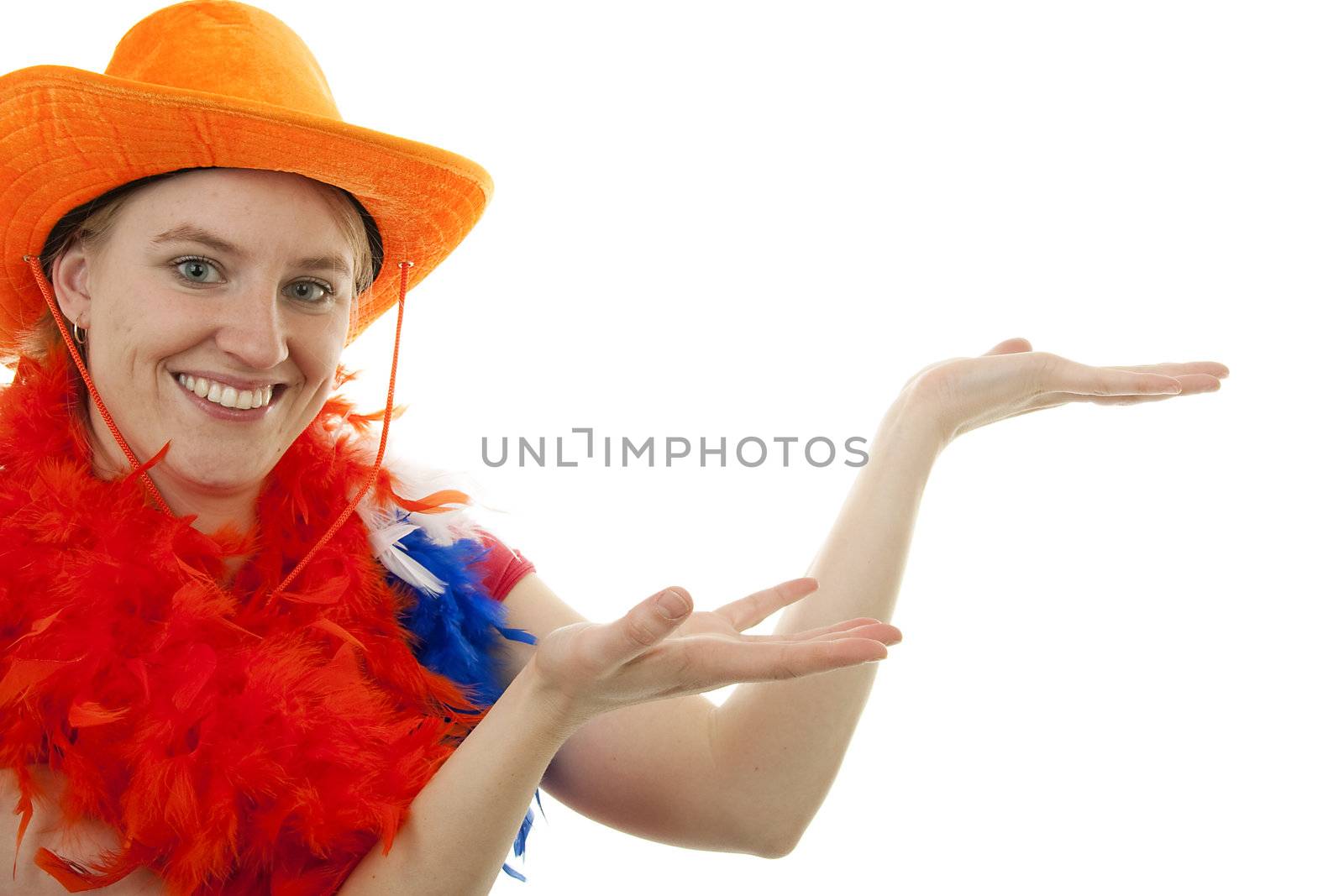 Dutch female soccer supporter is pointing over white background