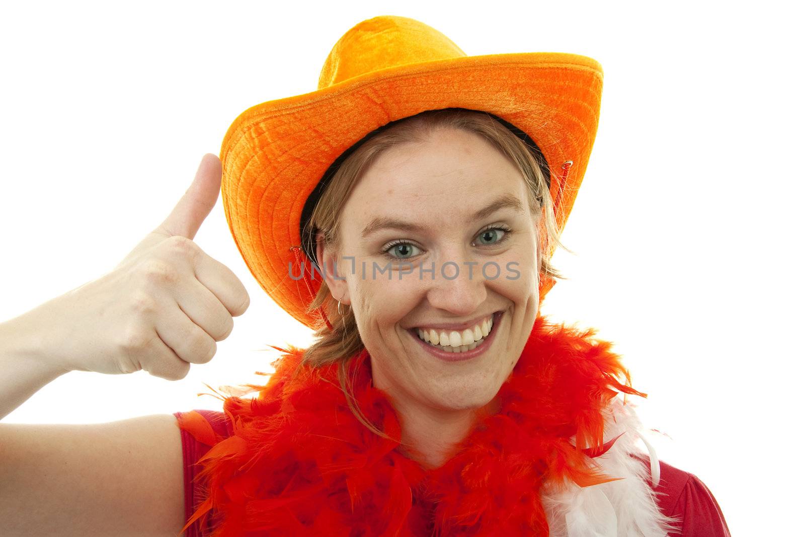 portrait of Dutch soccer fan in orange outfit with big glasses and thumbs up over white background