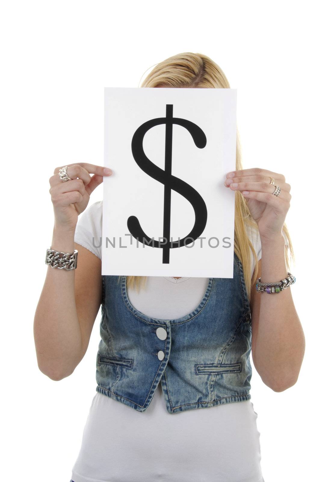 Woman is holding a dollar mark over white background
