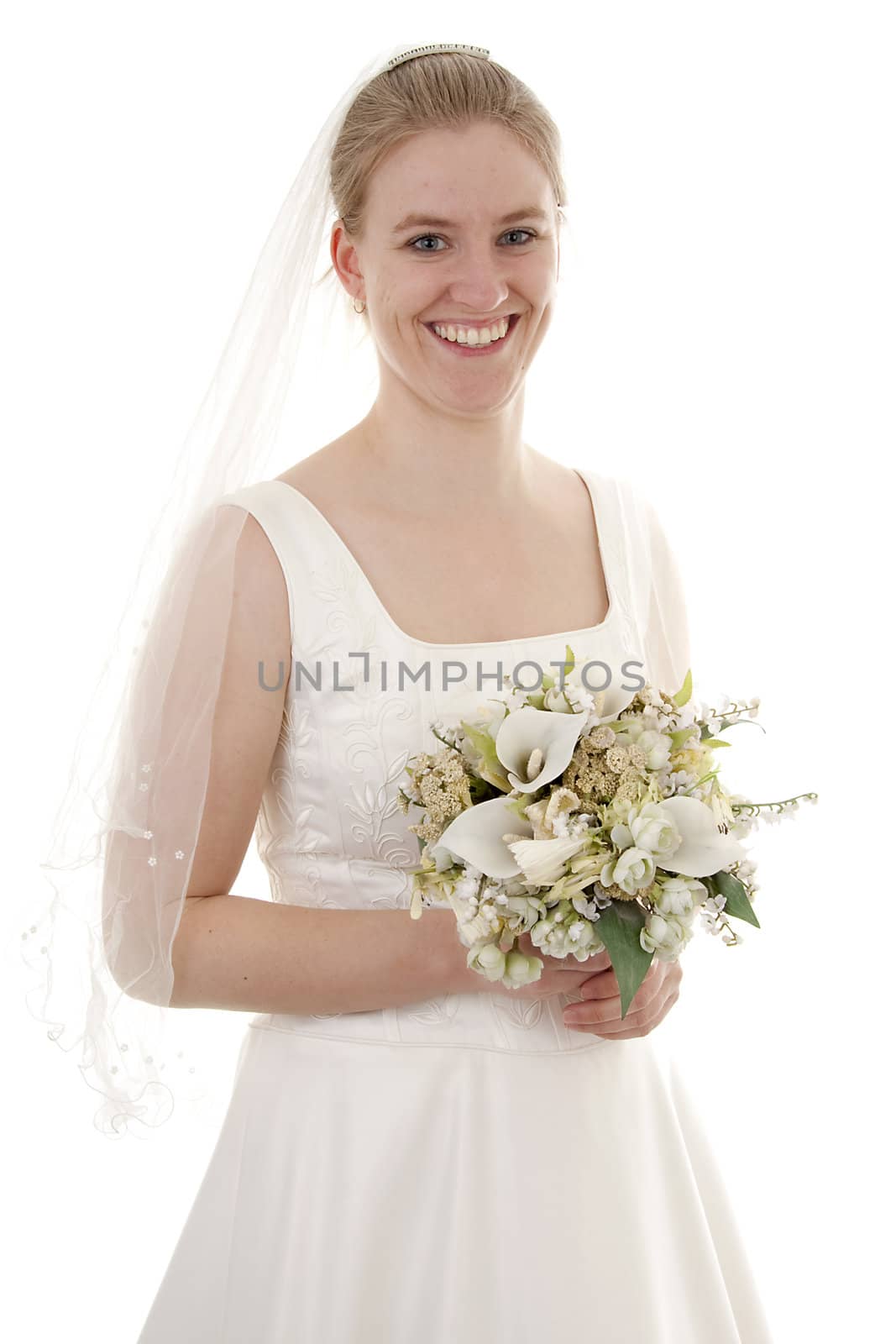 Young beautiful bride is posing over white background
