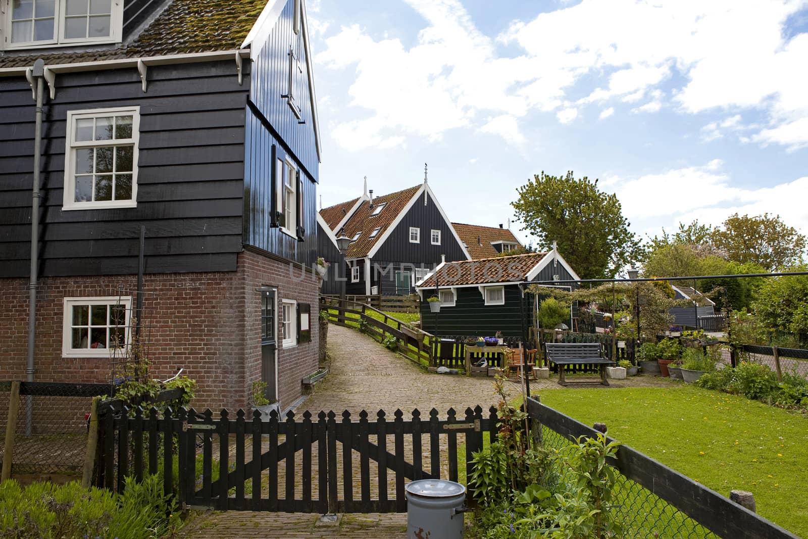 Typical Dutch houses with gardens in village Marken, Netherlands