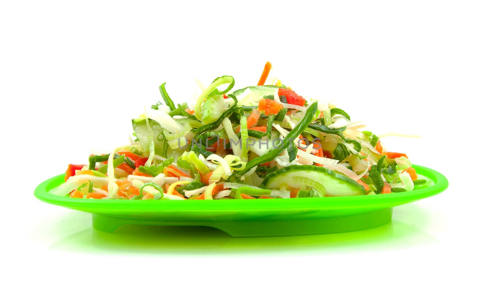 Green fresh lettuce salad on plate over white background