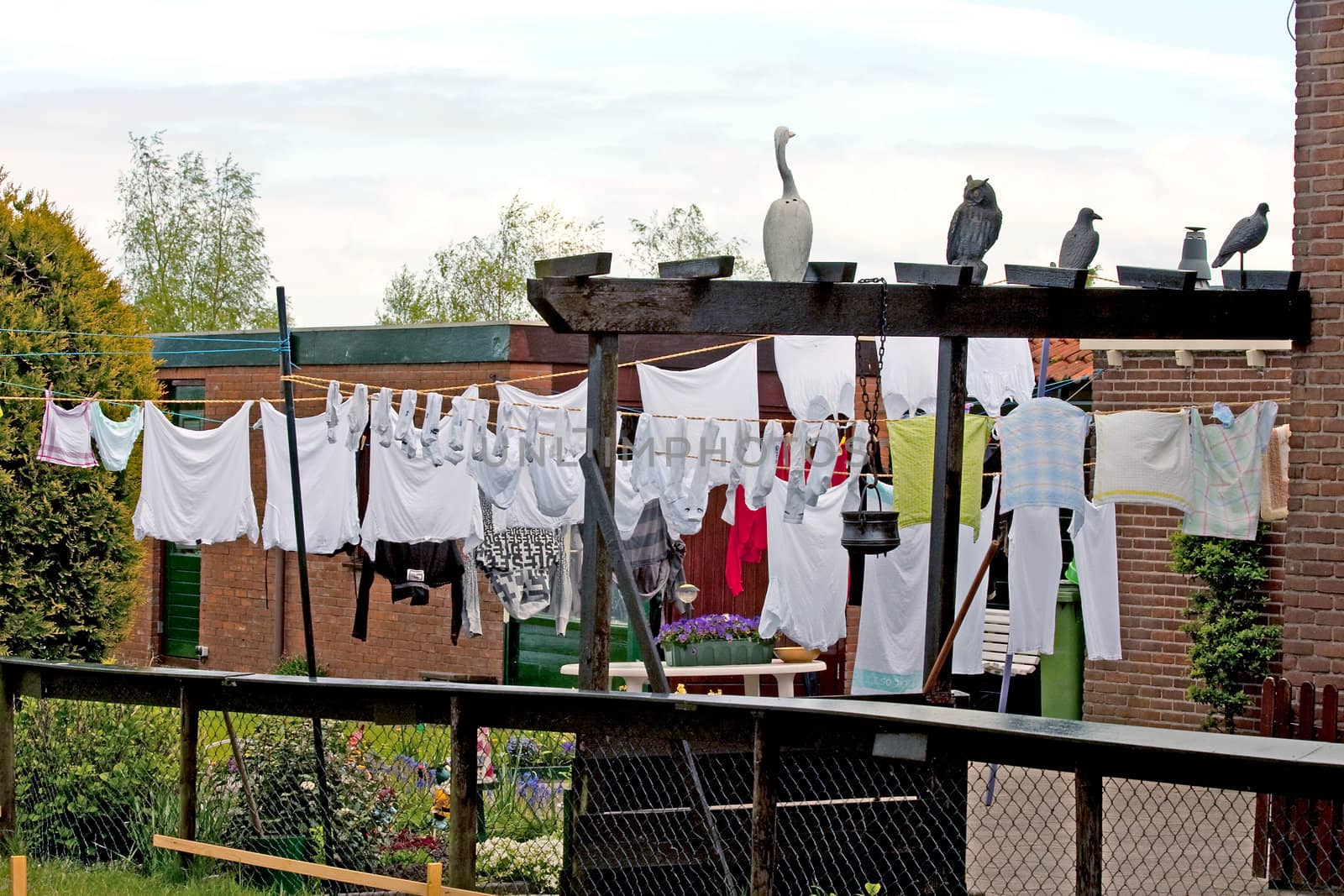Laundry hanging on clothesline in the village Marken, Netherlands