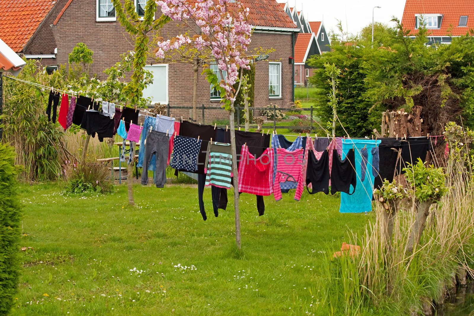Laundry hanging on clothesline in the village Marken, Netherlands