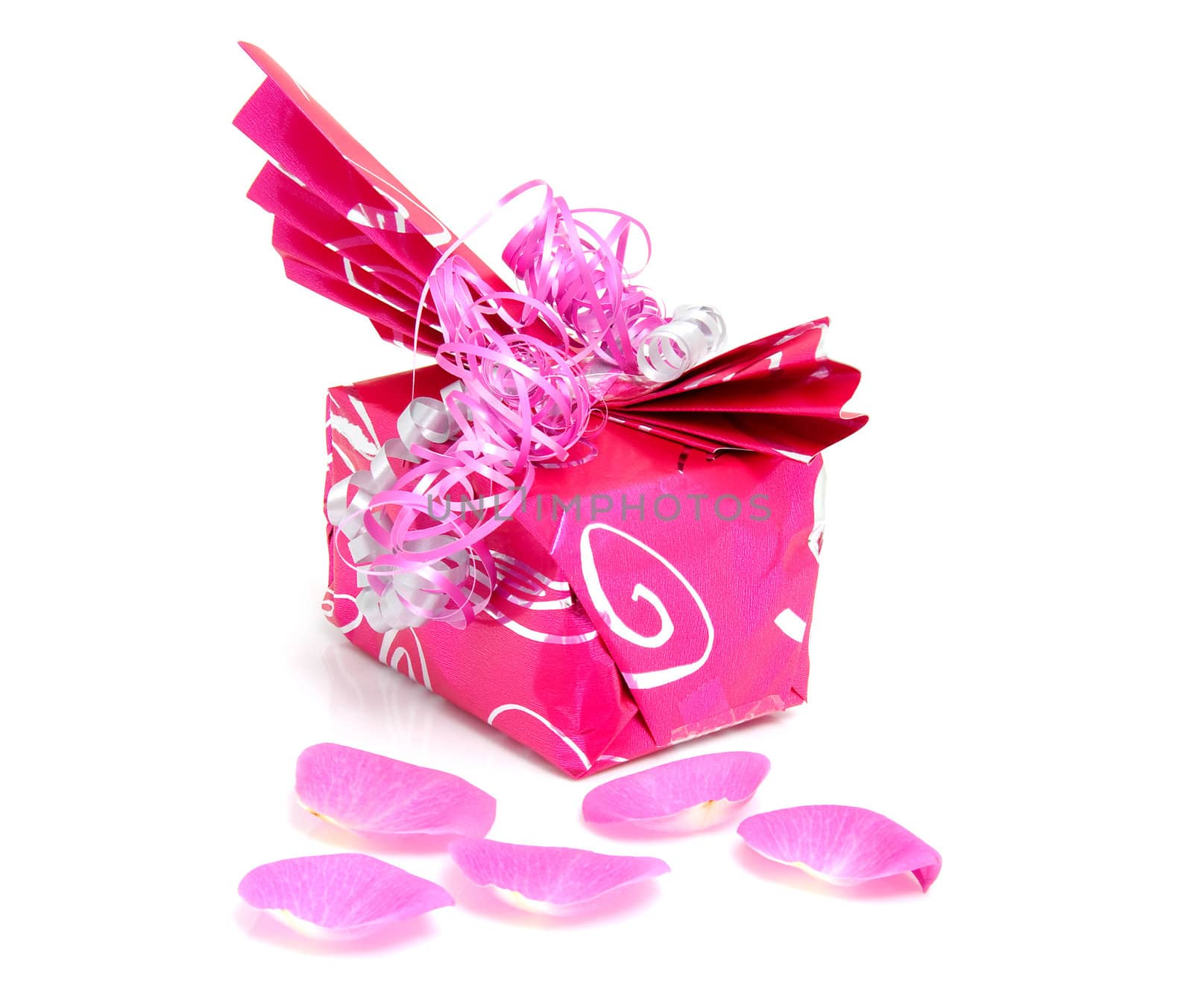Beautiful wrapped gift with rose leaves for birthday or valentine's day over white background