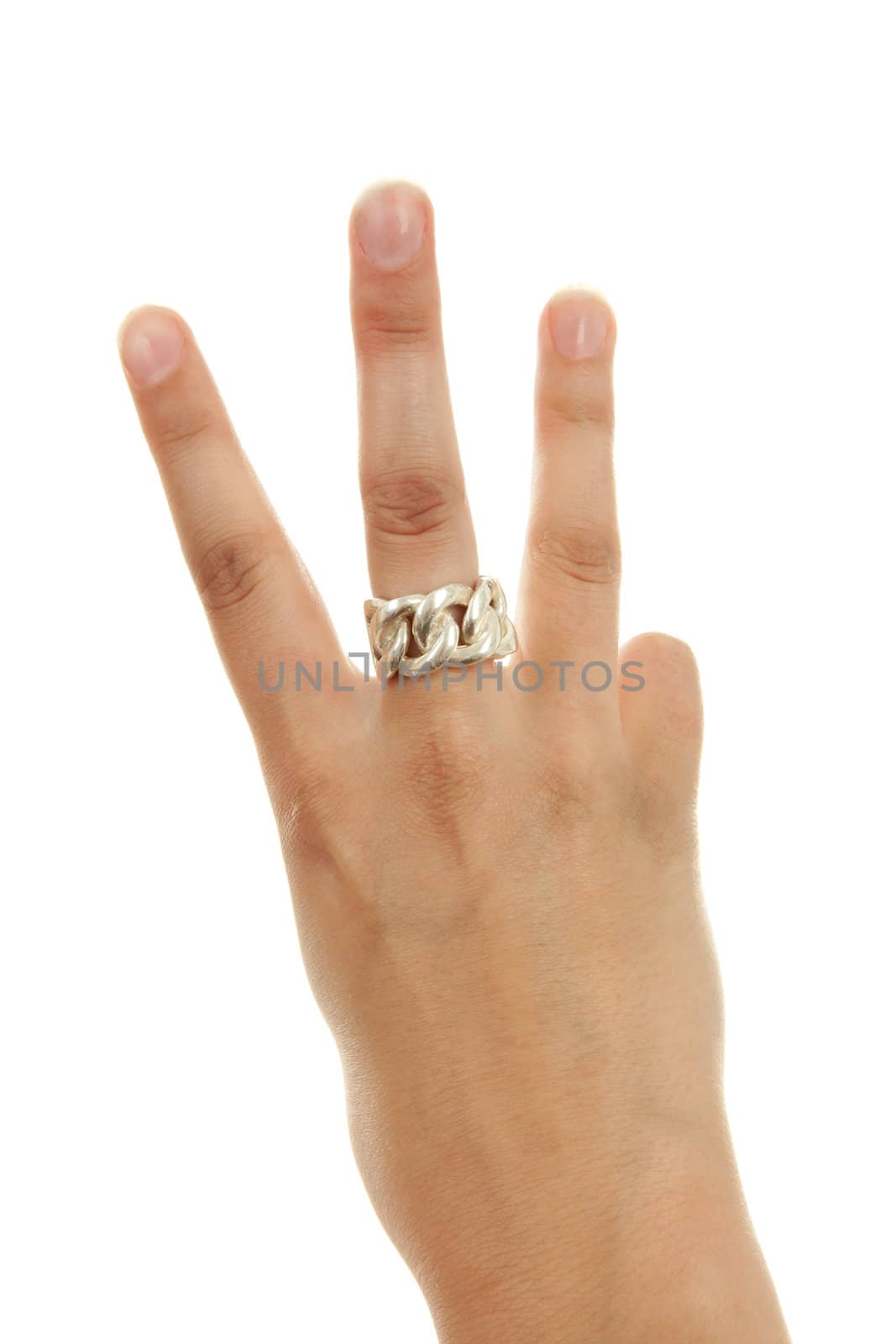 Woman's hand is counting number 3 over white background