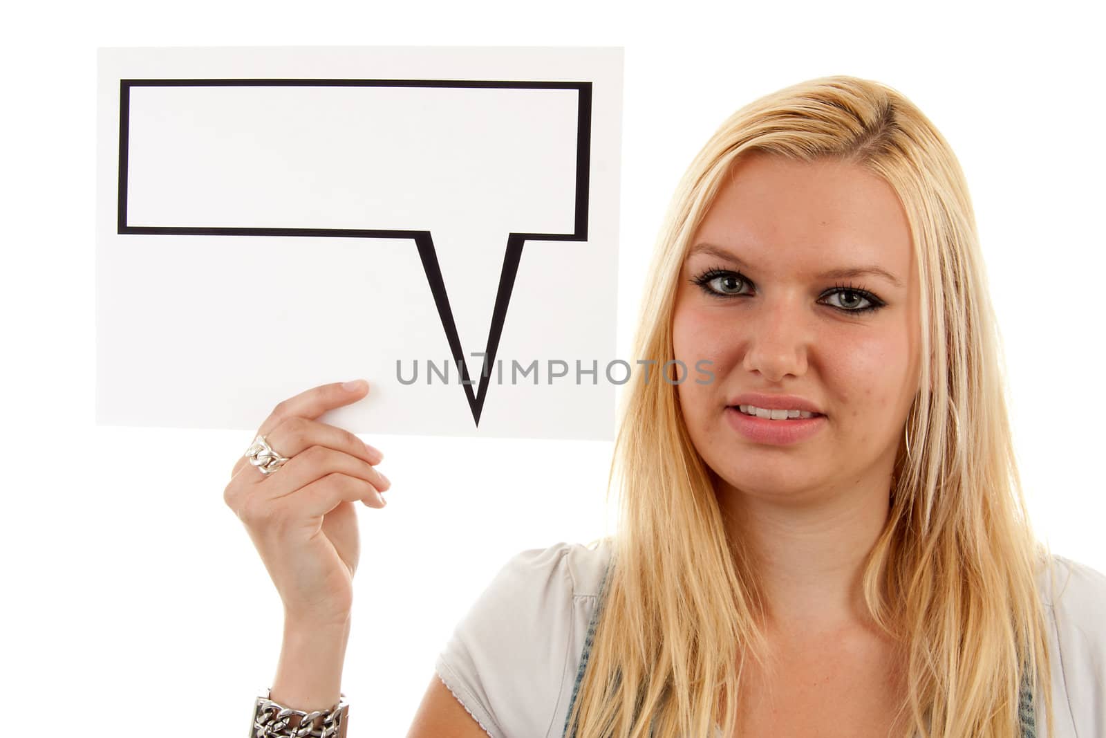 portrait of young blonde woman holding tekst balloon over white background