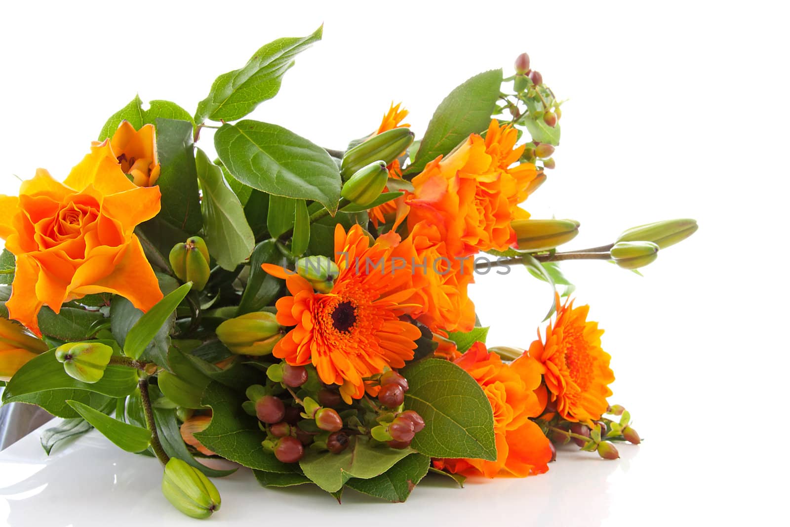 Bouquet of orange flowers over white background