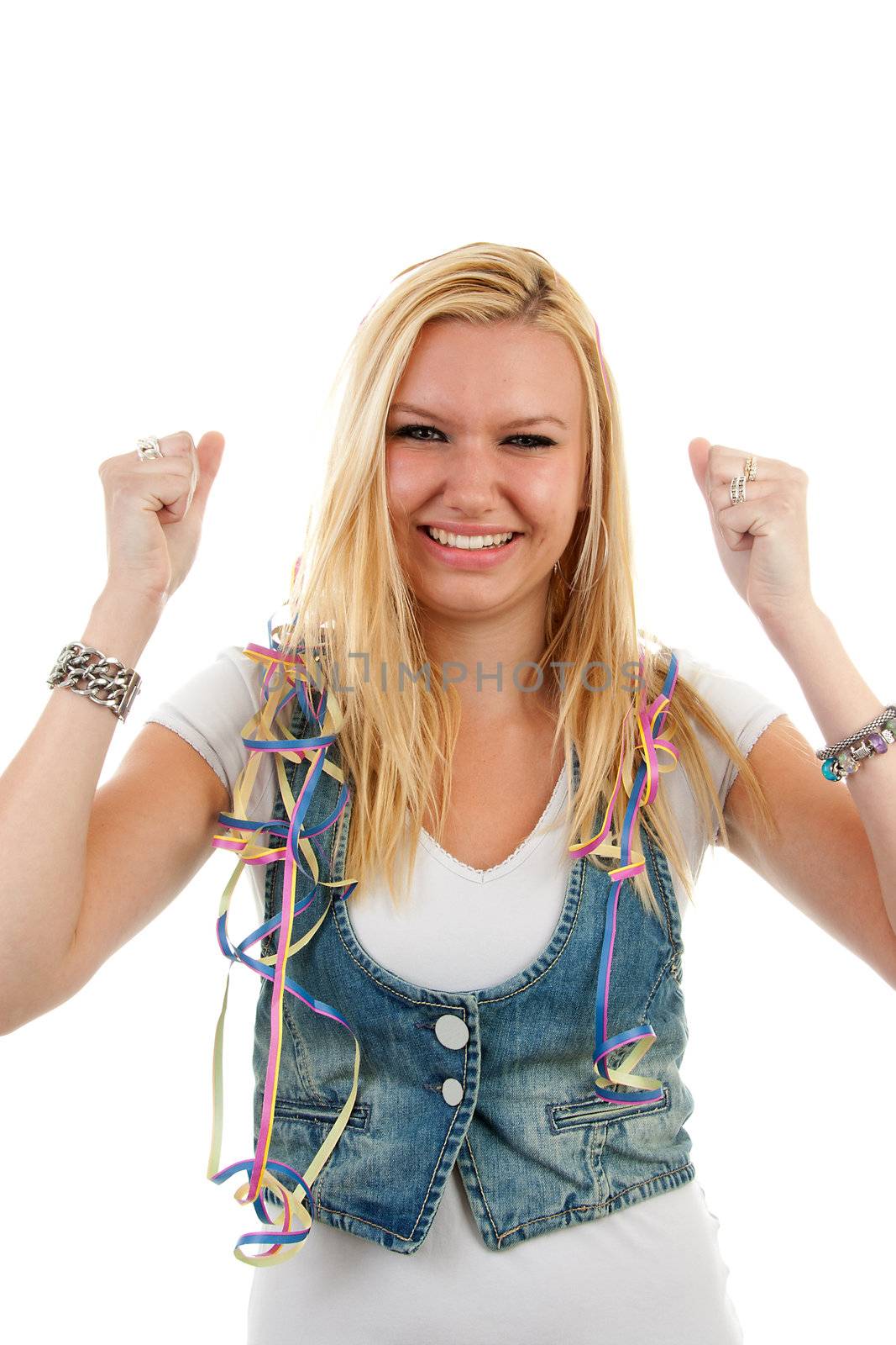 young blonde birthday woman with party streamers over white background