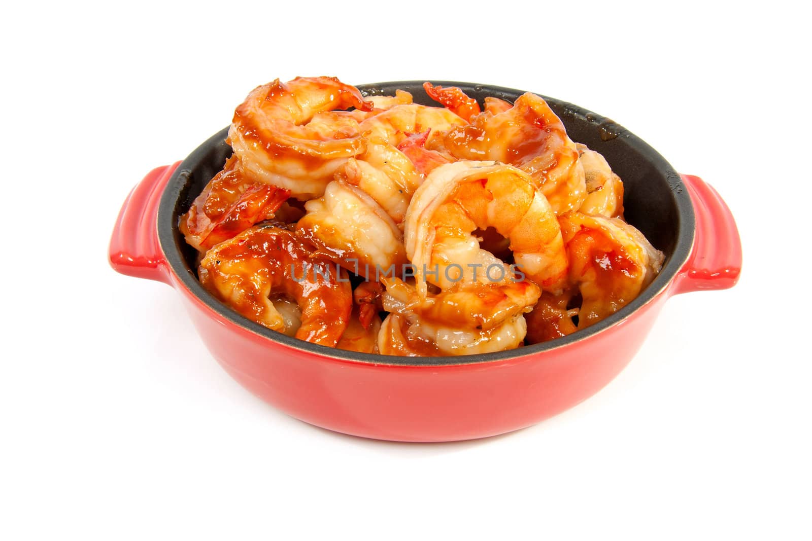little casserole with shrimp isolated on white background