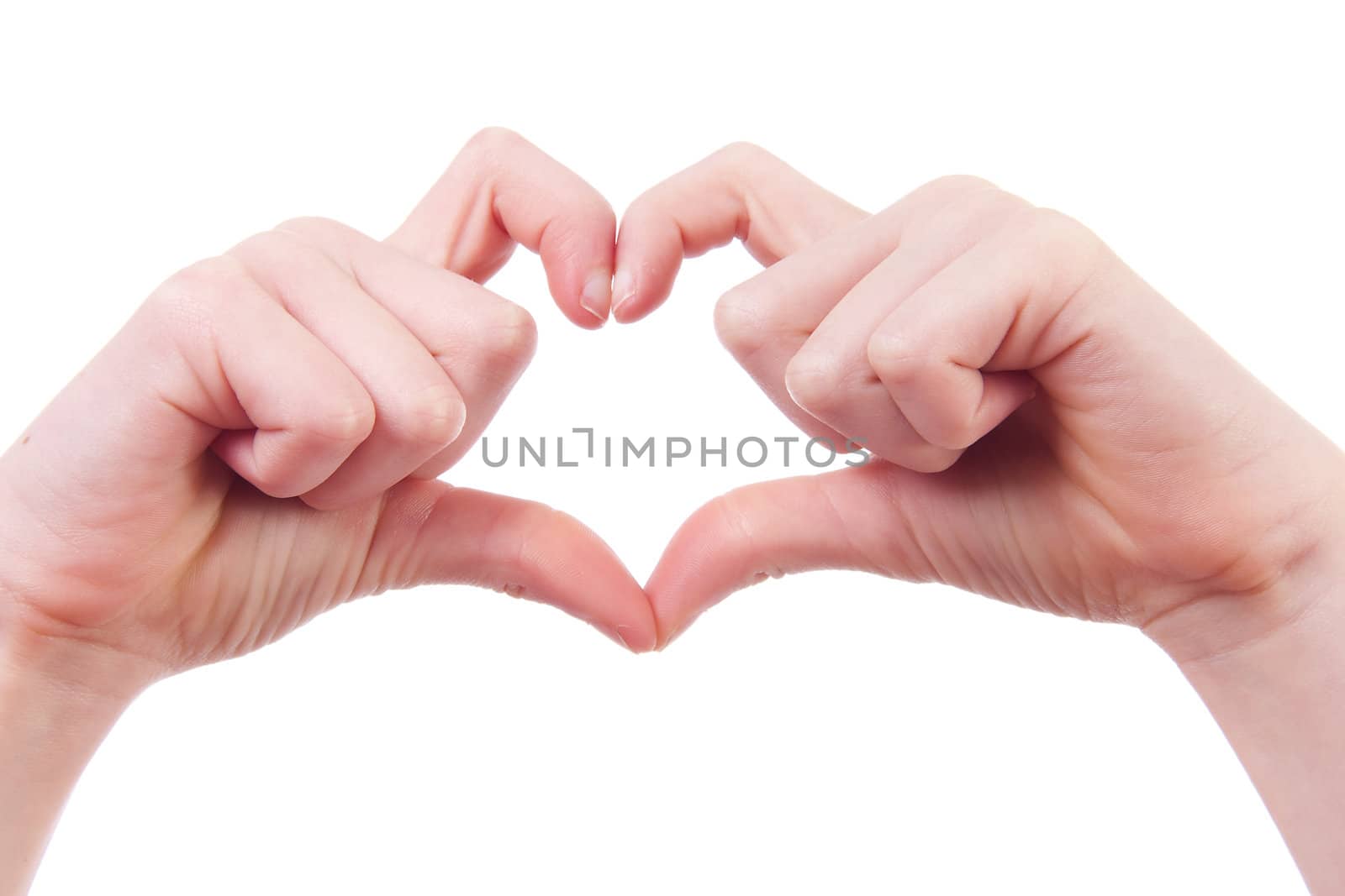 children hands in shape of hearts over white background