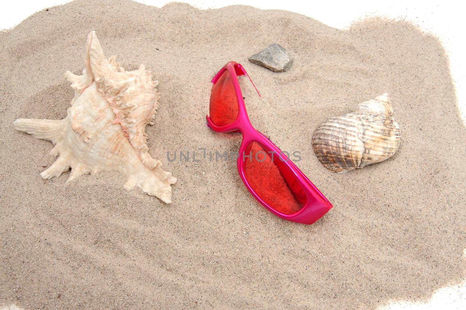 Pink sunglasses on the beach with shells