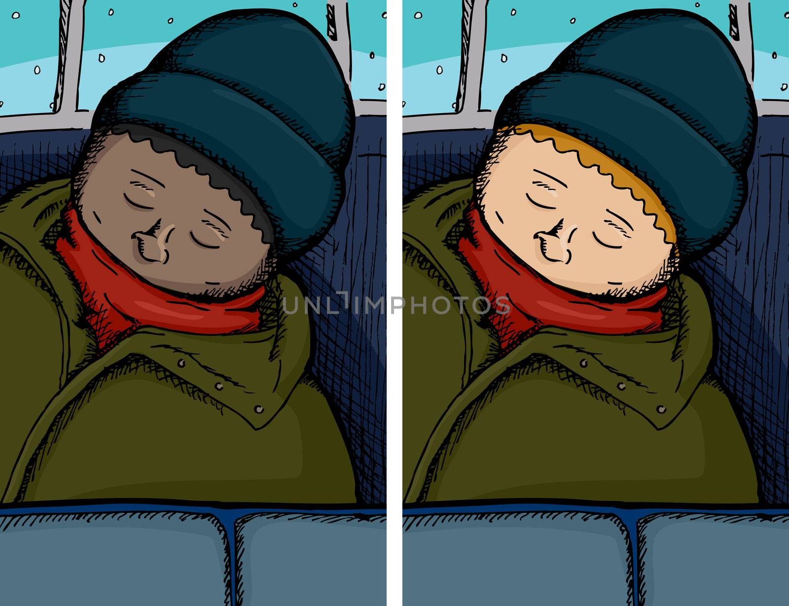 Person asleep on bus in dark and light skinned versions