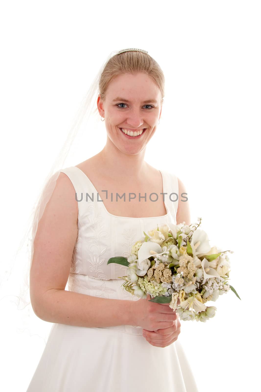 Young beautiful bride with bouquet over white background