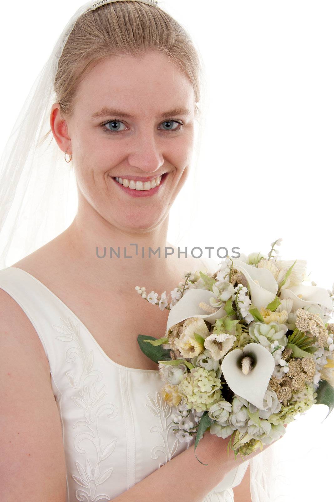 Portrait of a young beautiful bride with bouquet over white background