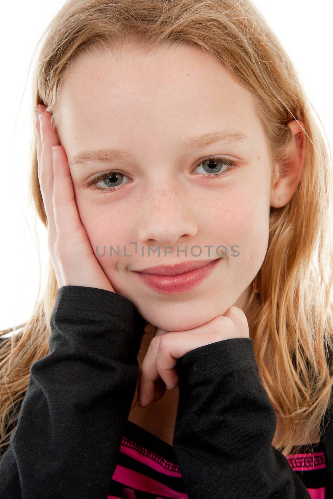 portrait of a young girl over white background