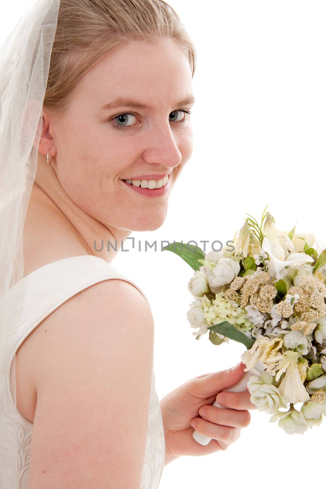 Portrait of a young beautiful bride with bouquet over white background
