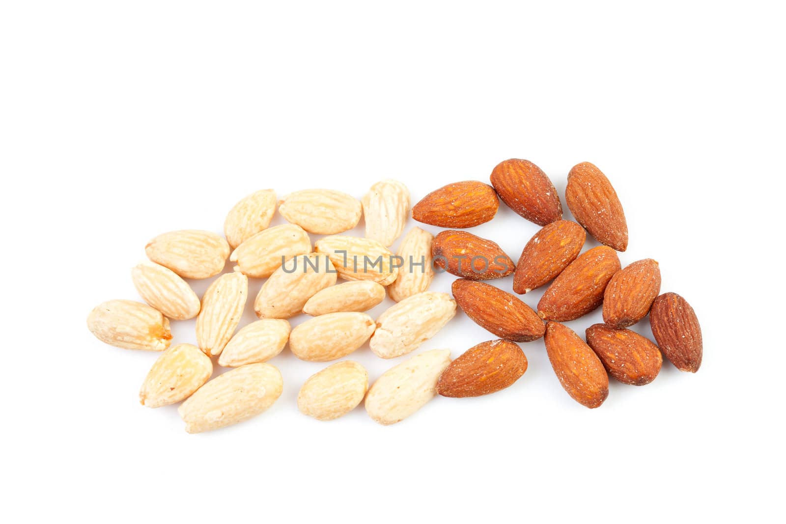 peeled and unpeeled almond nuts isolated on white background