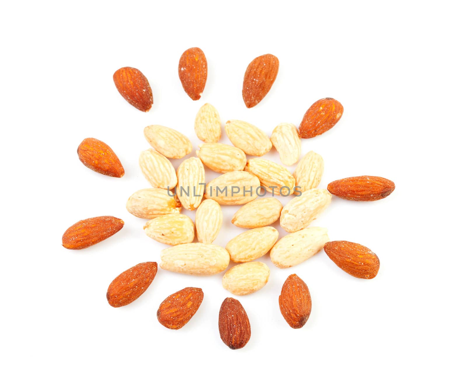peeled and unpeeled almond nuts in shape of sun isolated on white background
