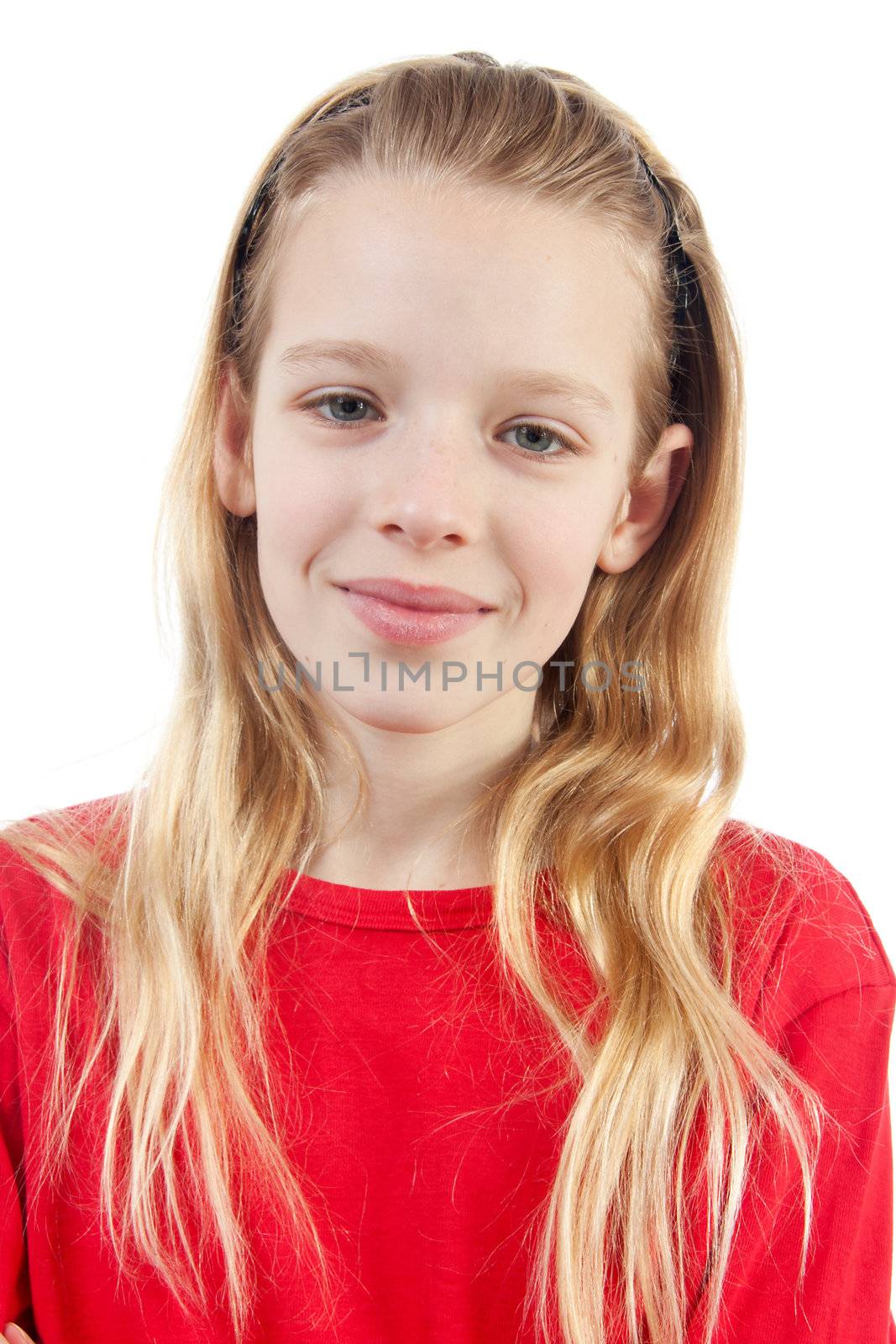 portrait of young blonde girl over white background