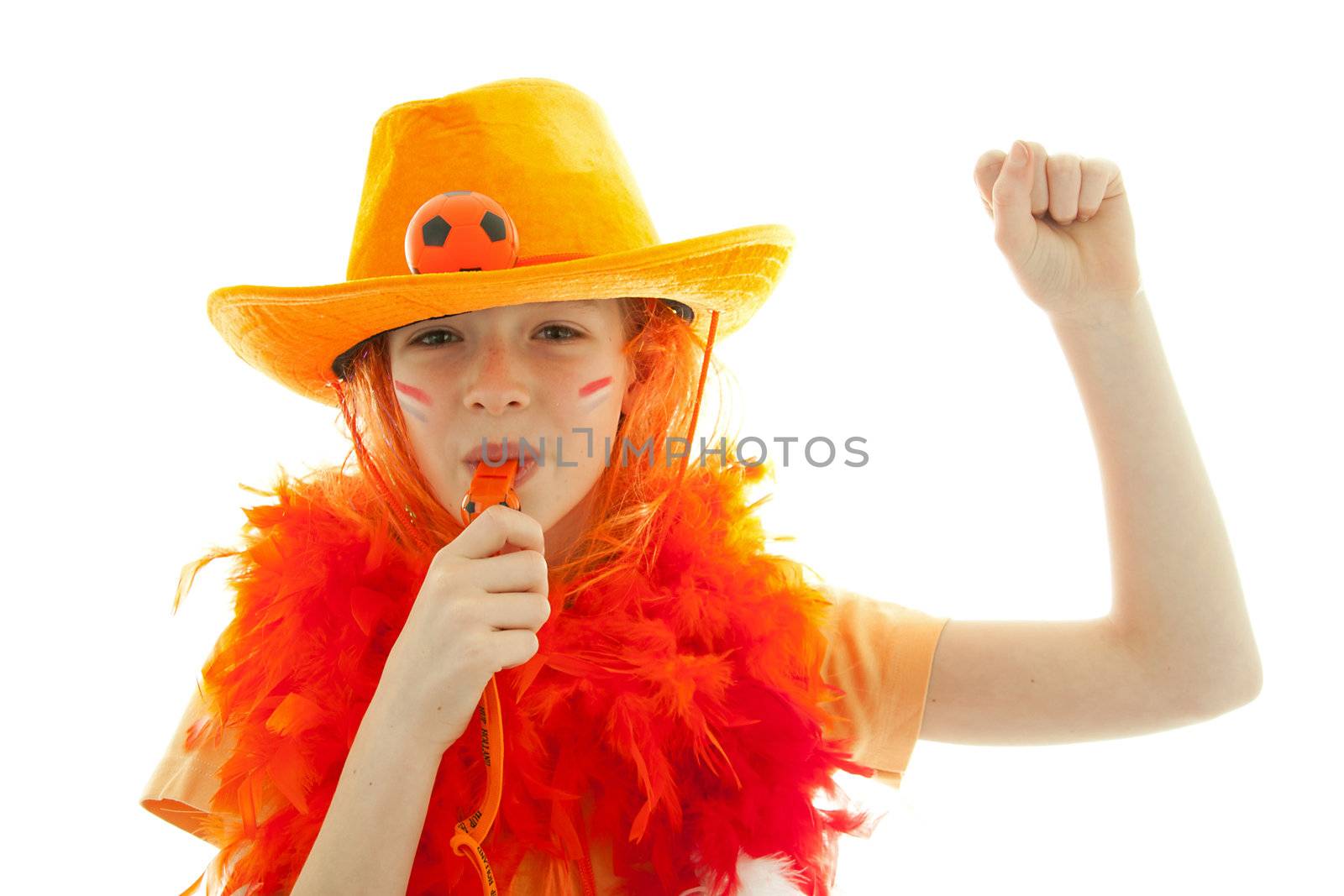 Happy soccer supporter: young blonde girl in orange outfit  is cheering