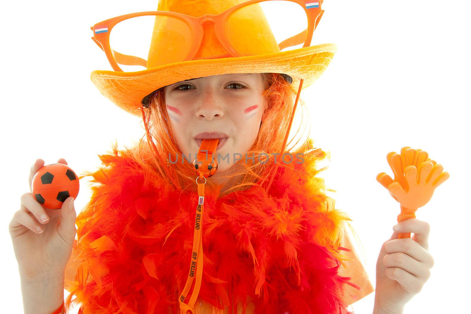Young Dutch soccer supporter in orange outfit over white background