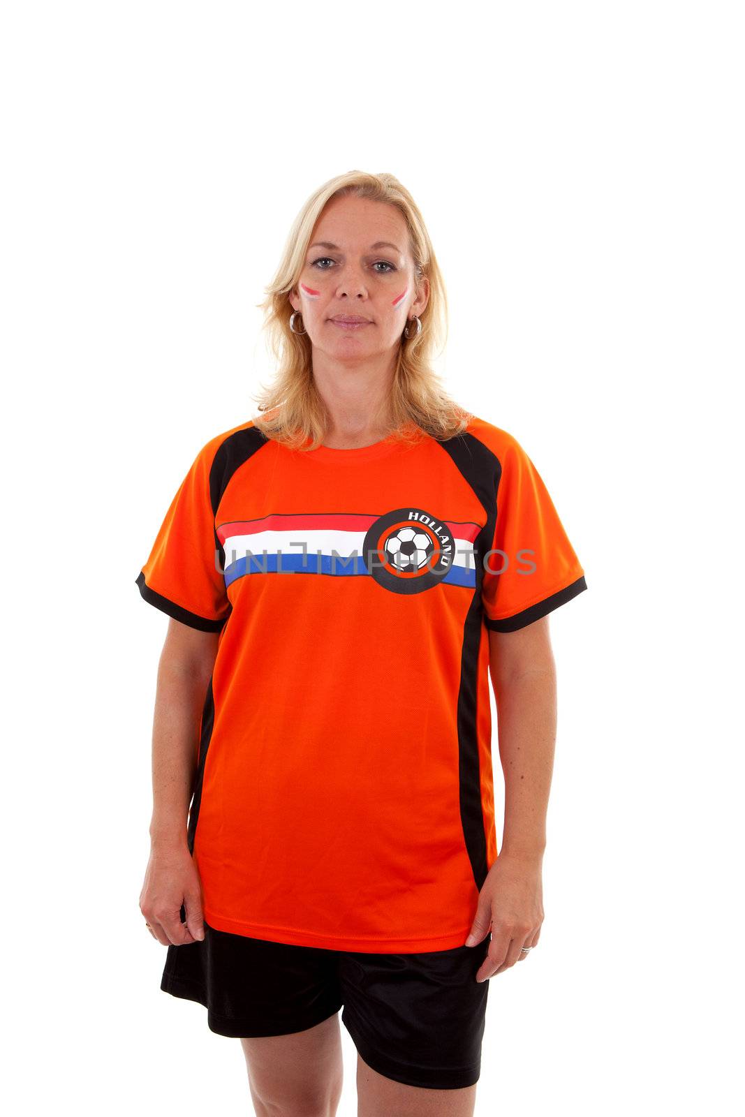 Dutch female soccer supporter in orange outfit ready for the match over white background