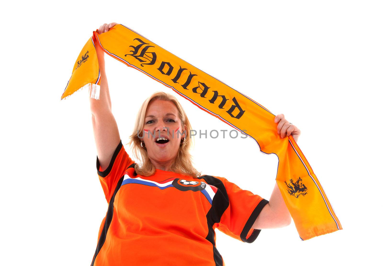 Dutch female soccer supporter in orange outfit holding scarf ready for the match over white background