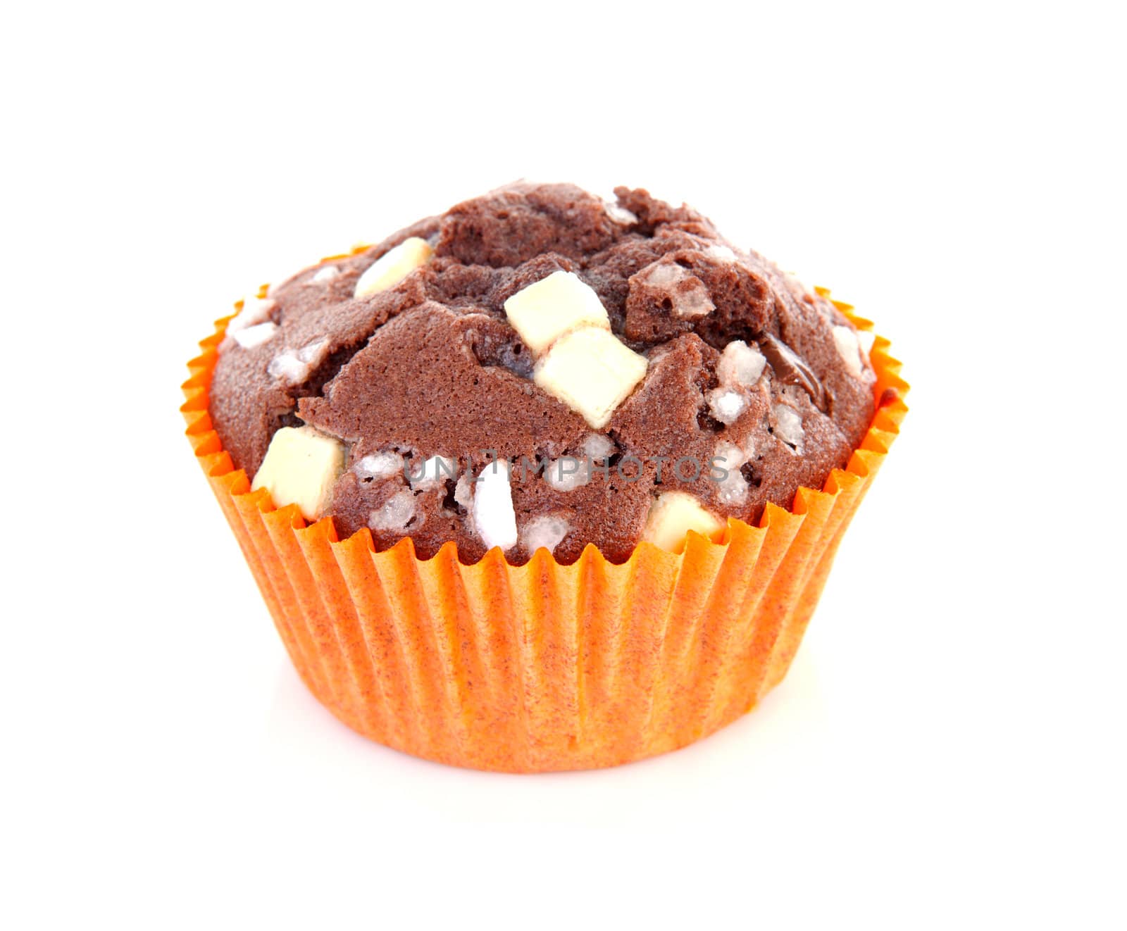 brown home baked cupcake with chocolate pieces isolated on white background
