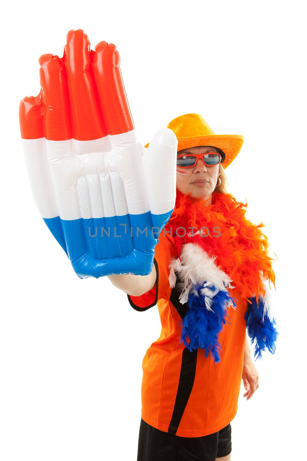Female Dutch soccer supporter with blown up hand with flag ( red white blue) over white background