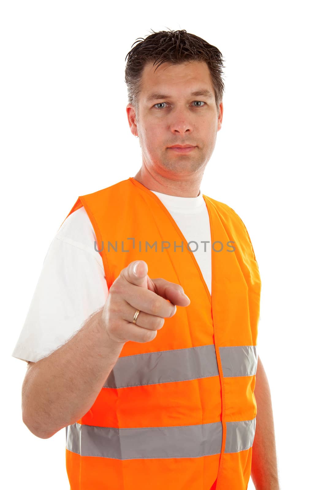 man in safety vest over white background is pointing at you