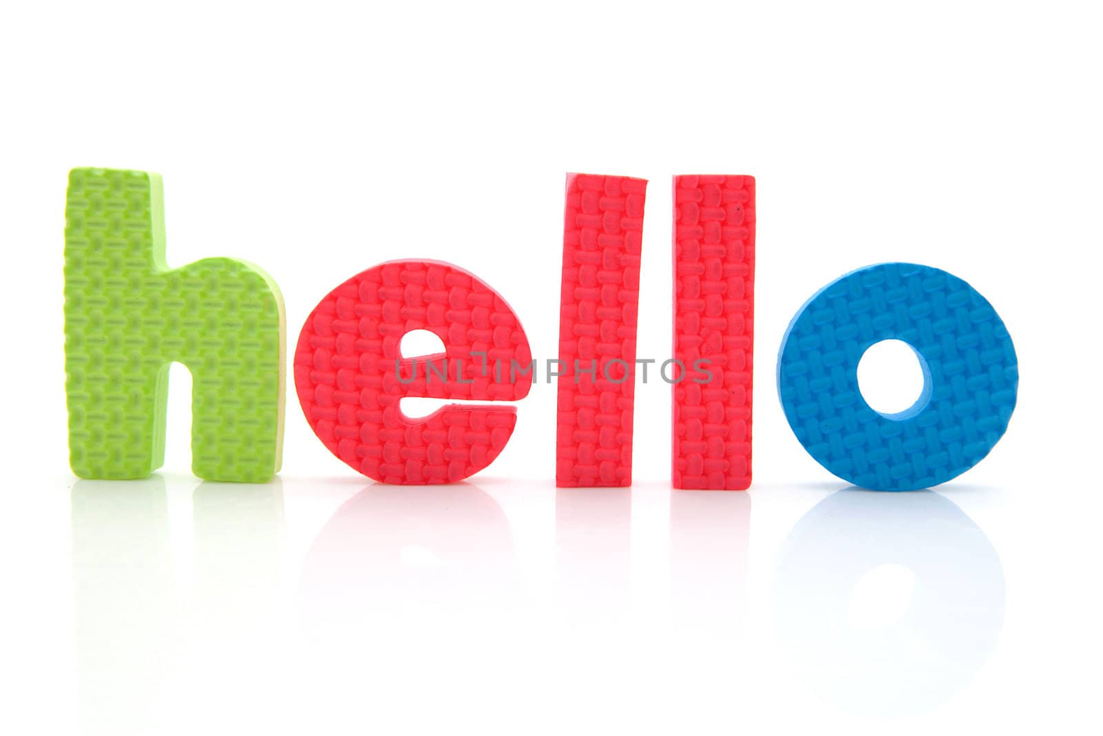 Word hello in colorful foam letters over white background