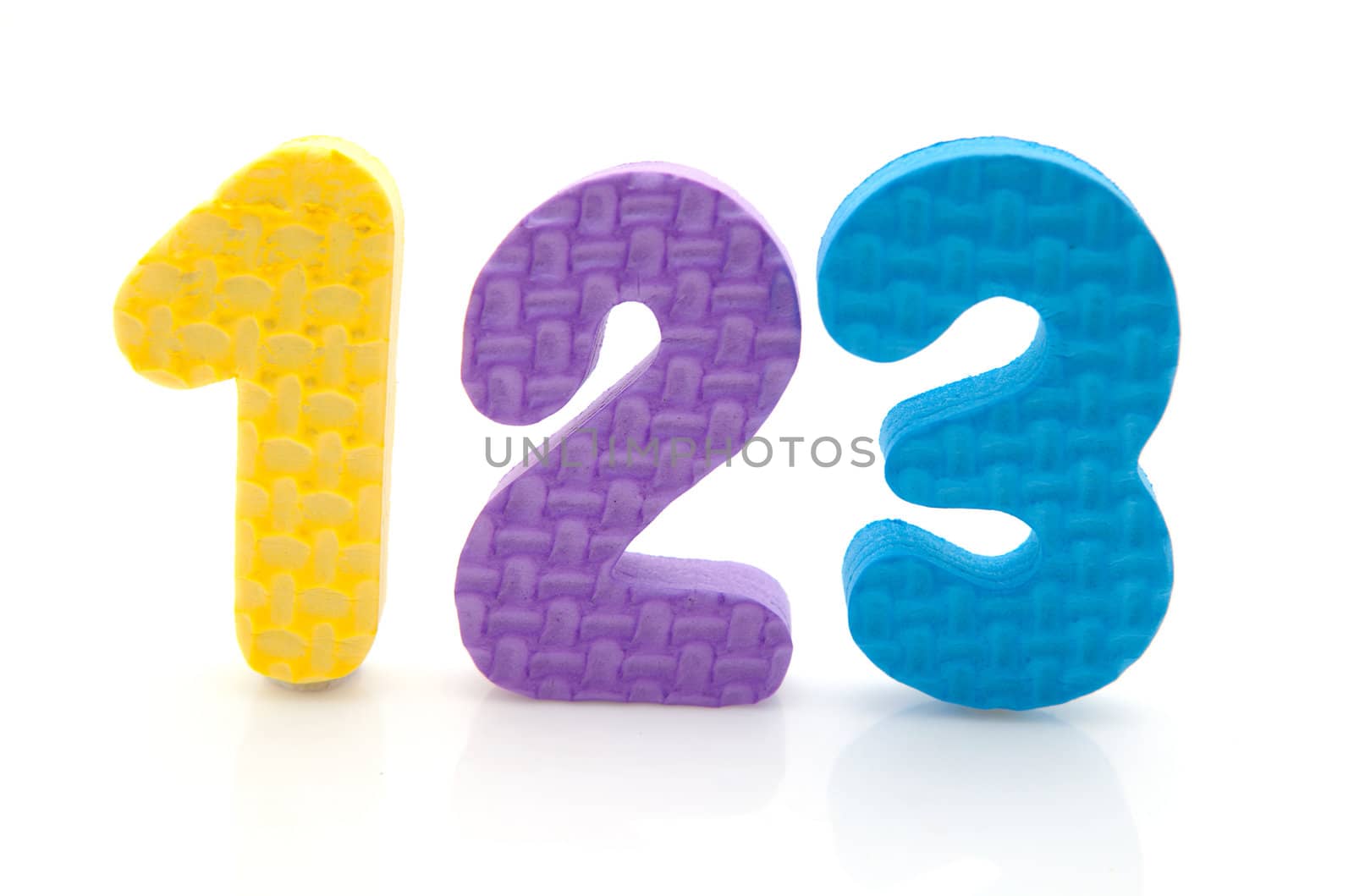 colorful foam figures 1 2 3 over white background