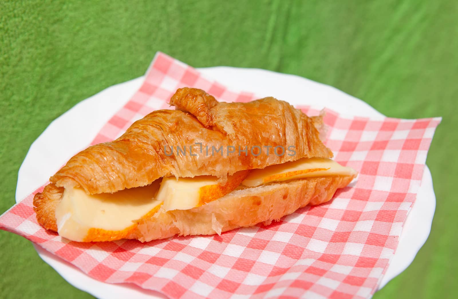 croissant sandwich with brie cheese on white plate against green background