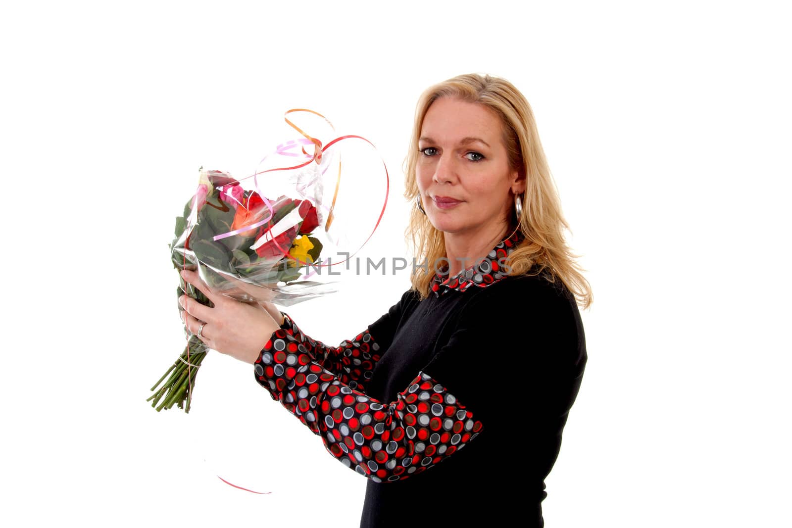 woman with bouquet of colorful roses isolated on white background