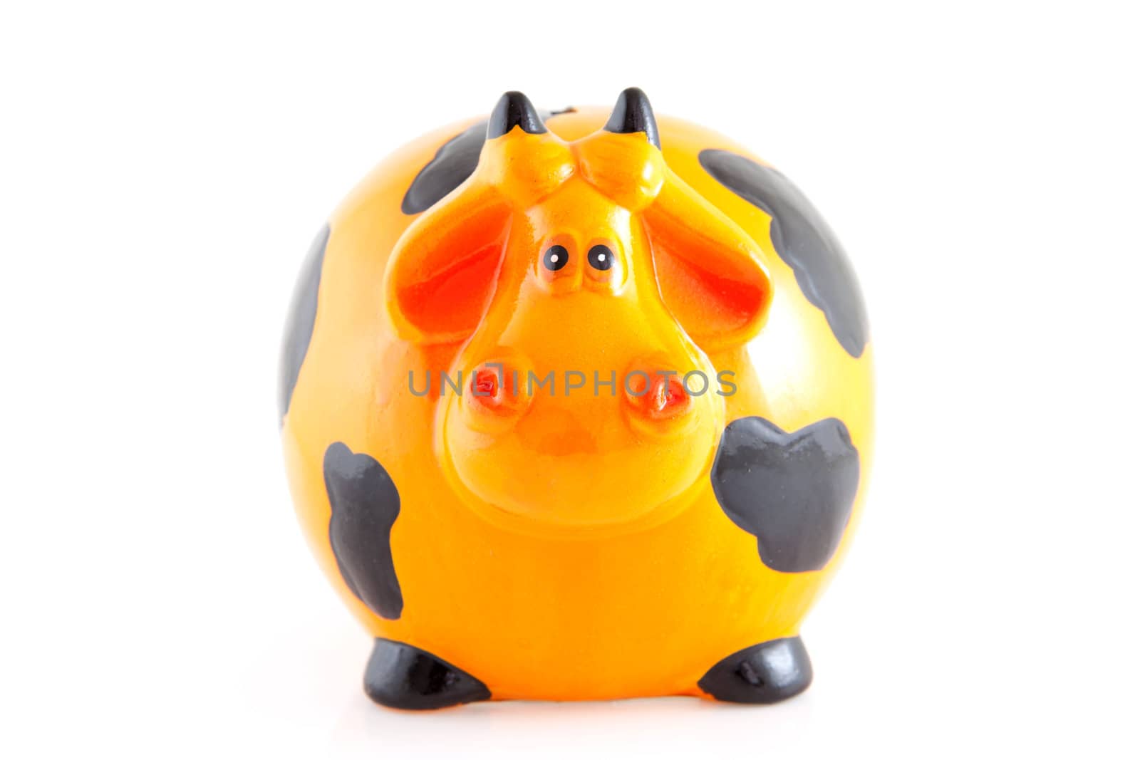 piggy bank in the shape of orange cow isolated on white background