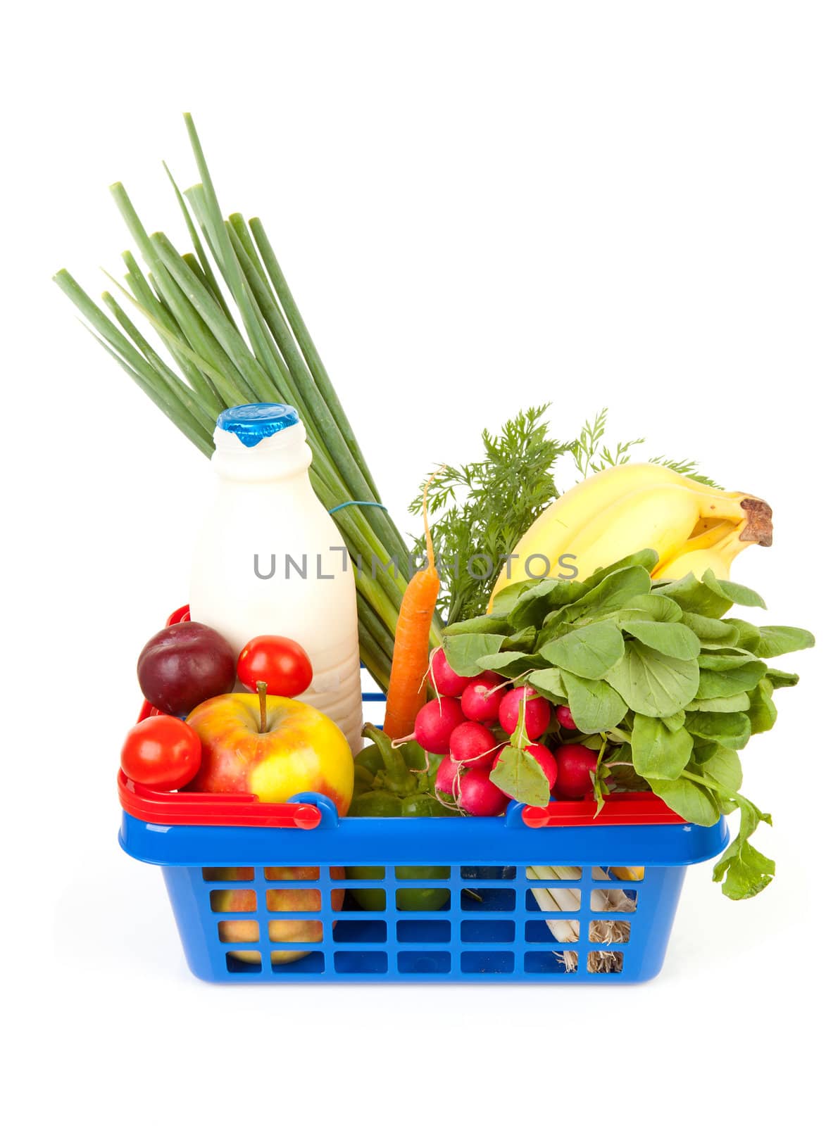 filled with grocery blue red shopping basket isolated on white background