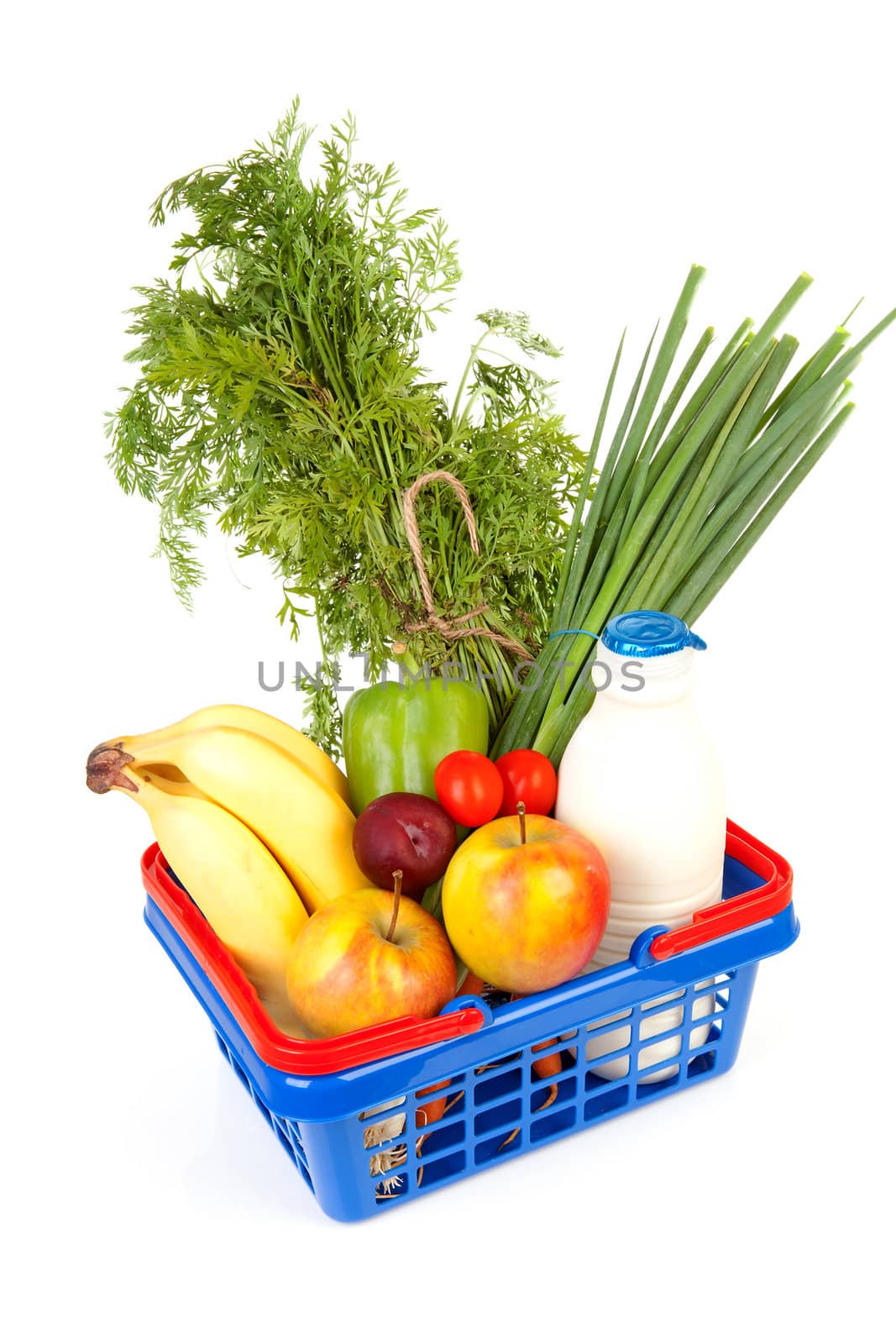 filled with grocery blue red shopping basket isolated on white background