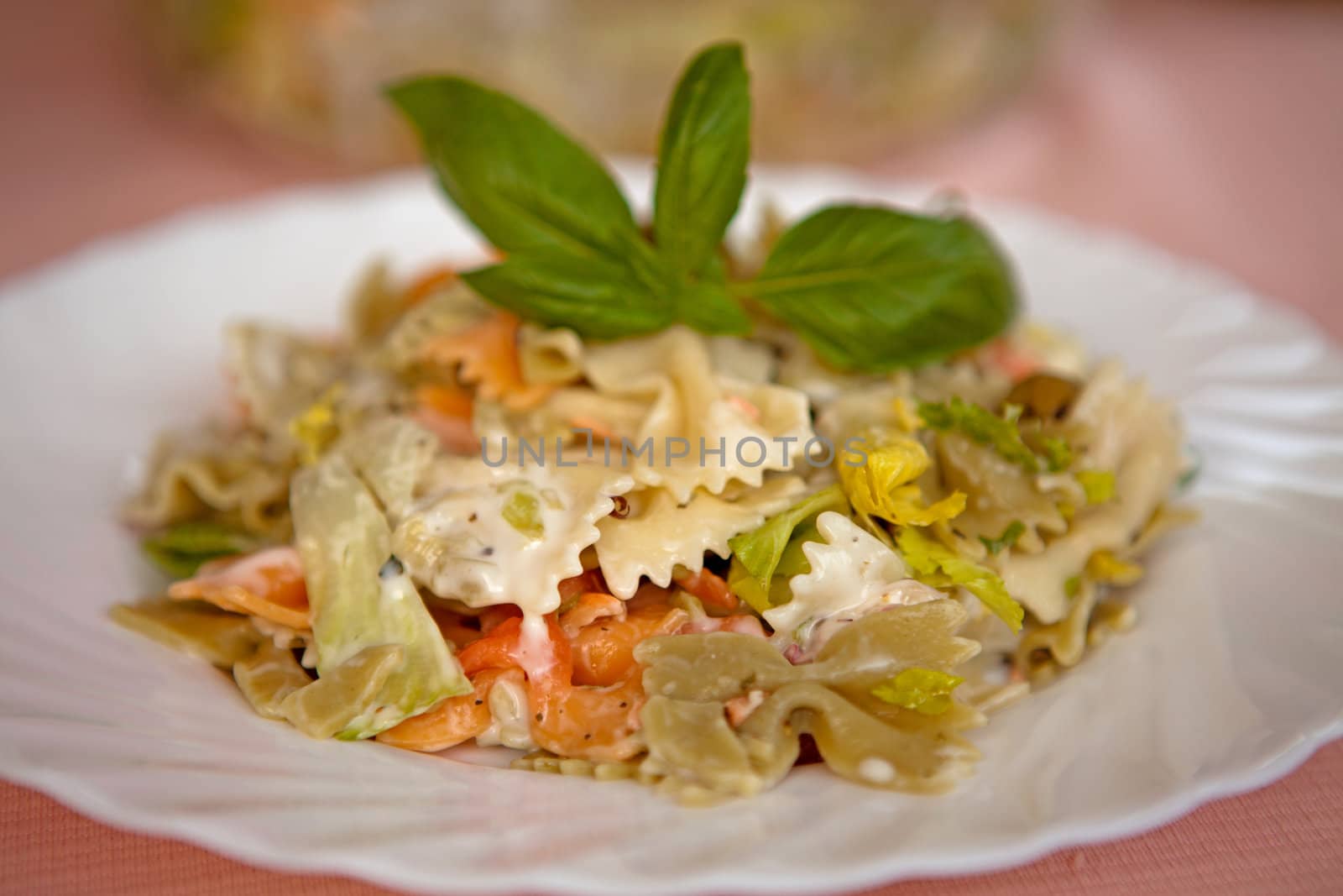plate with colored farfalle pasta food in closeup